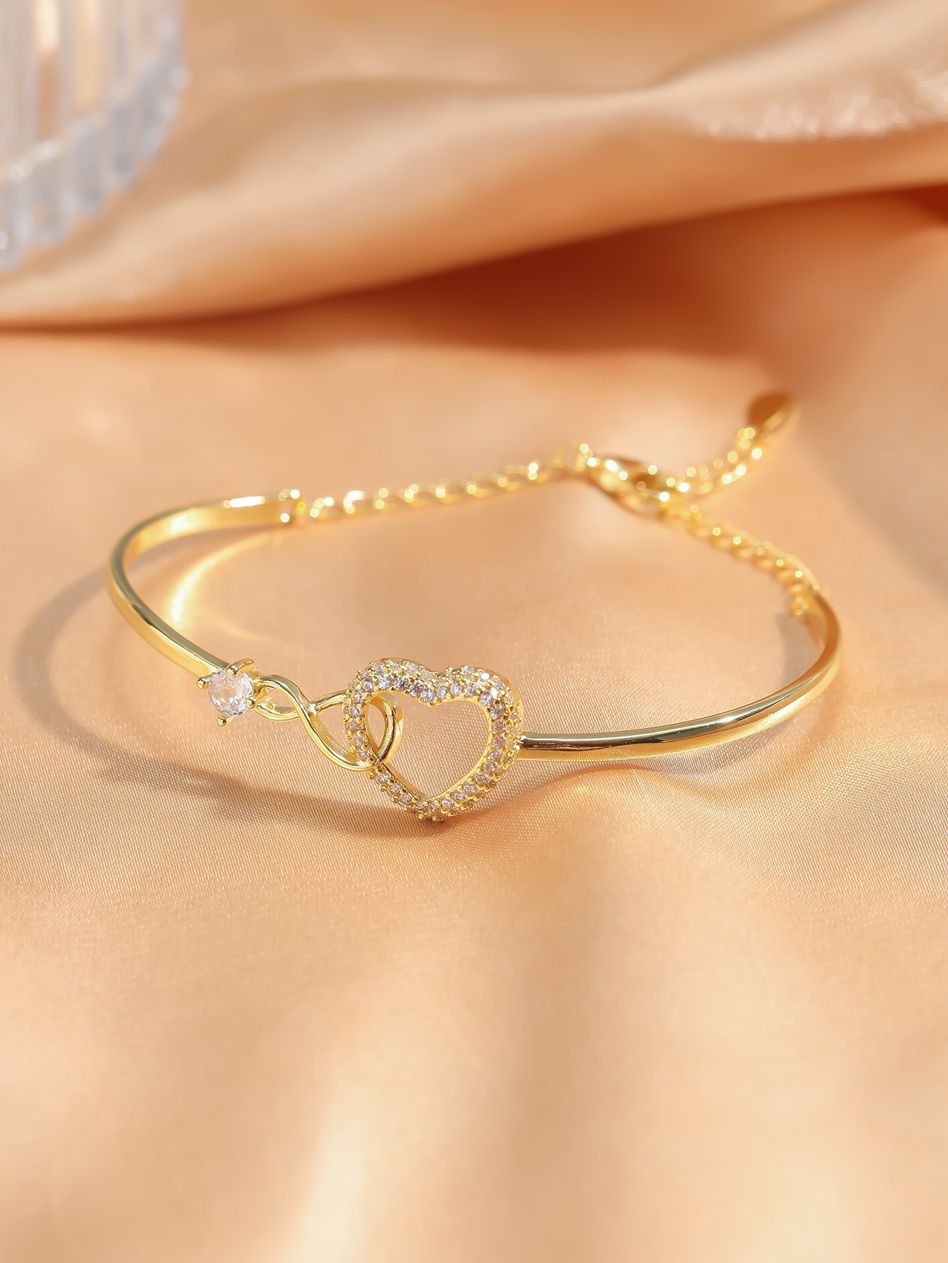 18K Gold Plated/S925 Silver Heart Full Diamond Bracelet - Women's Light Luxury Adjustable Heart Bangle, Romantic Fashion Accessory