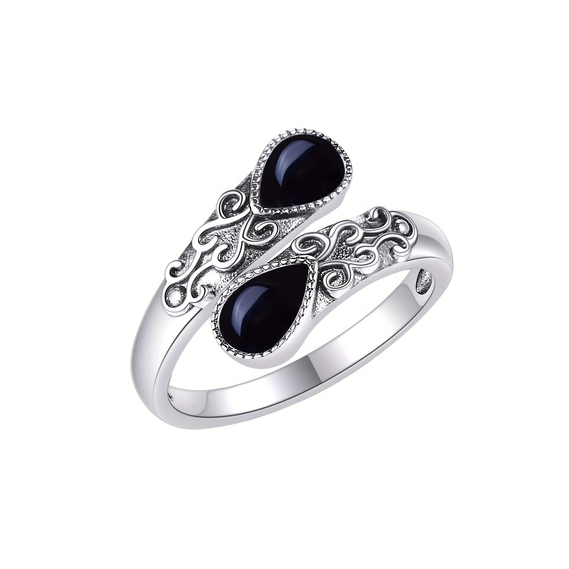 S925 Sterling Silver Vintage Scrollwork Dual-Stone Open Ring