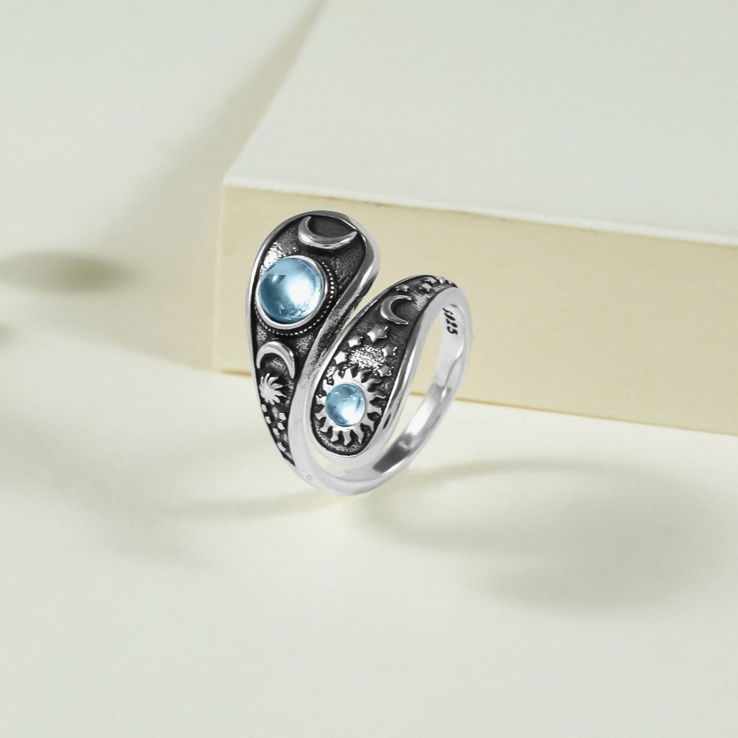 925 Silver Antique Finish Sun & Moon Double-Band Ring - Aquamarine-Style Gem Retro Niche Band