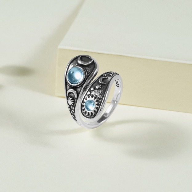 925 Silver Antique Finish Sun & Moon Double-Band Ring - Aquamarine-Style Gem Retro Niche Band