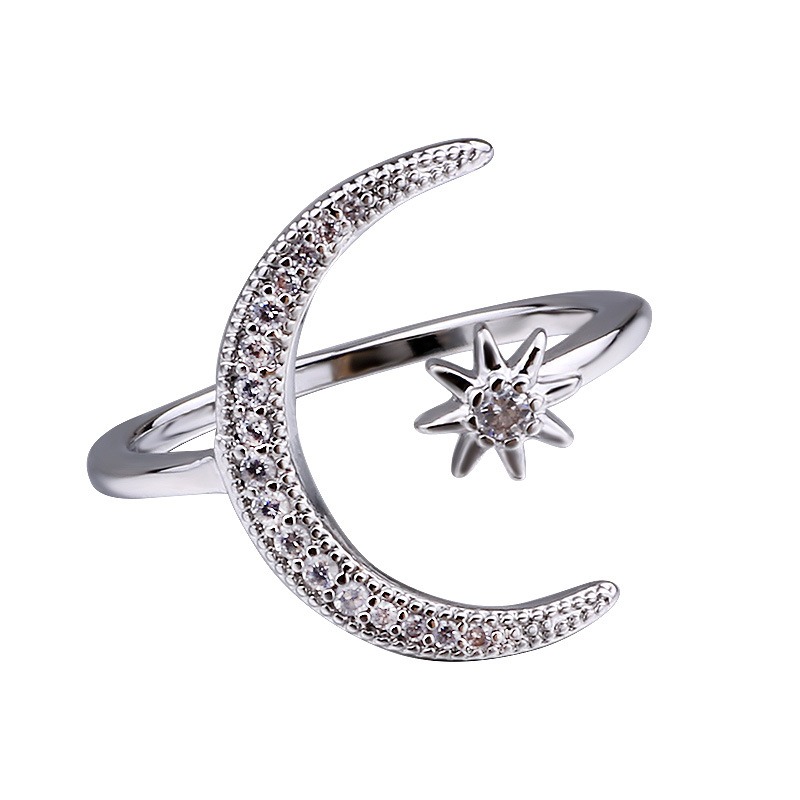 Tri-Color Moon & Star Double-Band Diamond-Paved Ring - S925 Silver Light Luxury Space-Style Open Band