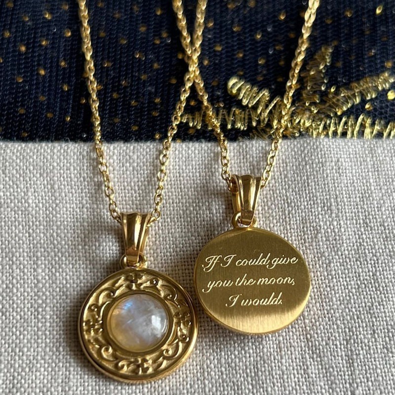 S925 Silver Plated 18K Gold Light Luxury Couple Dual-Color Moonstone Engraved Disk Necklace