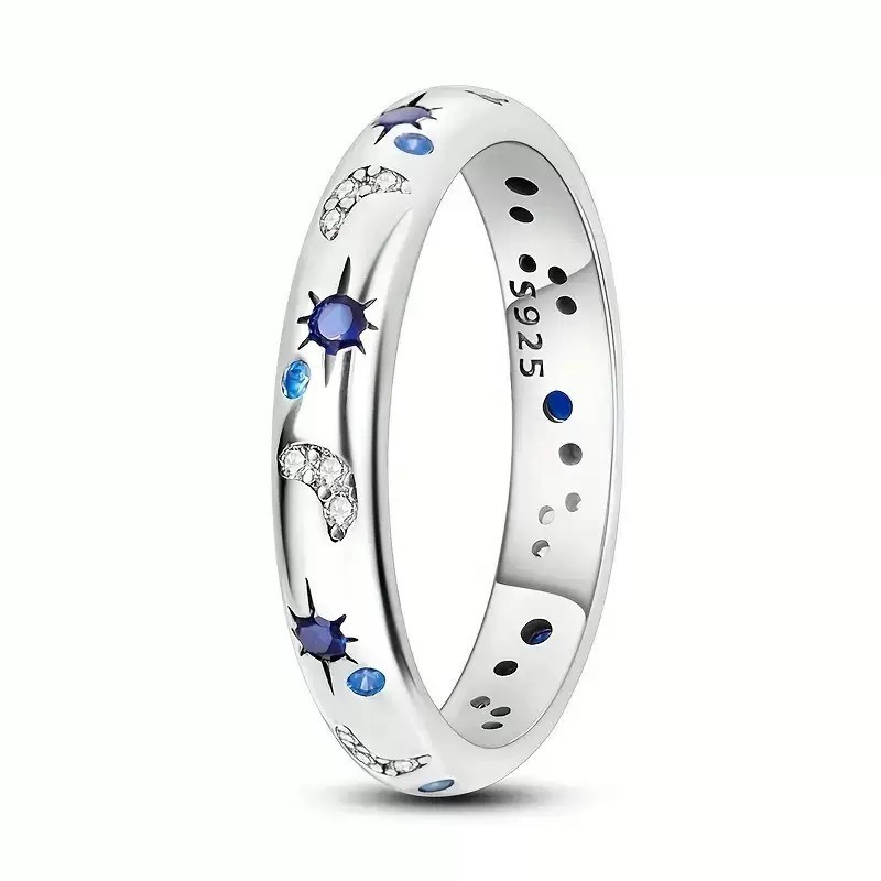S925 Silver Light Luxury Dual-Color Moon-Star Blue Diamond Ring