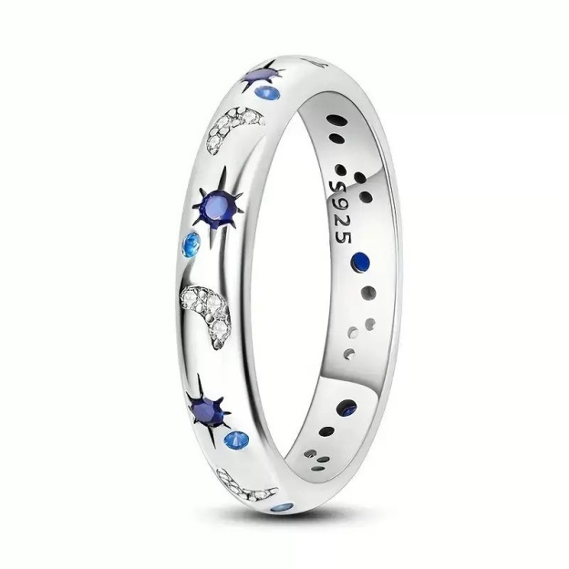 S925 Silver Light Luxury Dual-Color Moon-Star Blue Diamond Ring