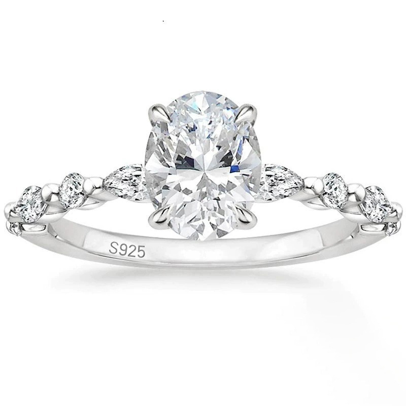 S925 Silver Oval Diamond Light Luxury Ring - Pear-Cut Accent Diamond Band Niche Band