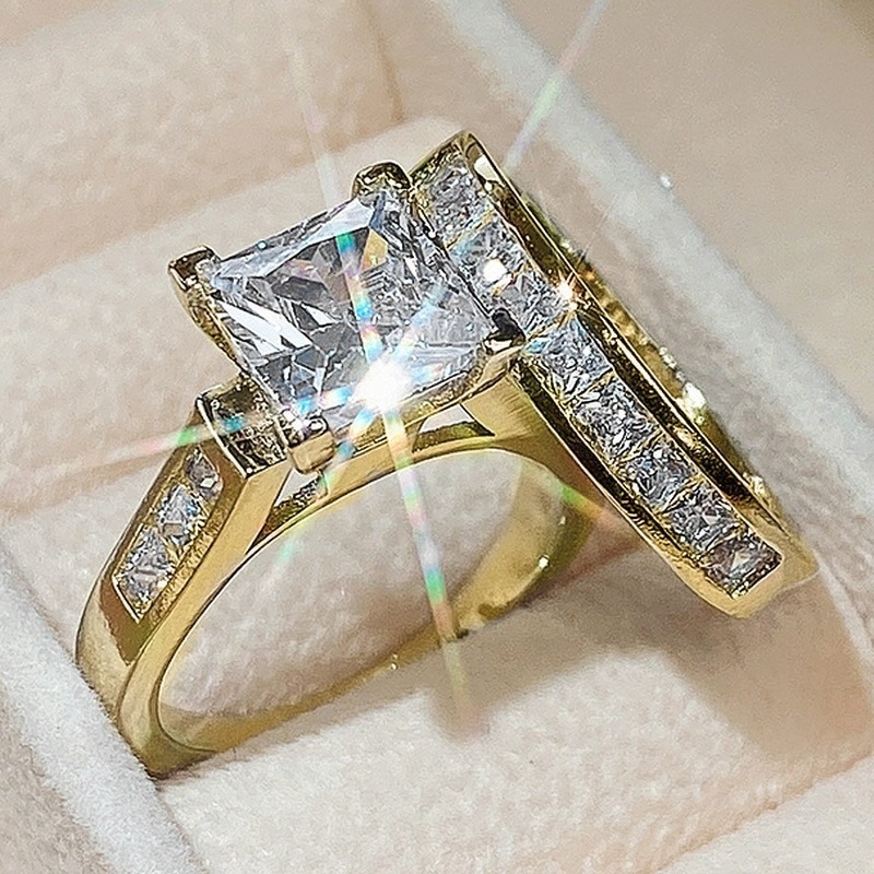 18K Gold Light Luxury Luxurious Two-Color Princess-Cut Main Diamond Full-Circle Diamond Ring