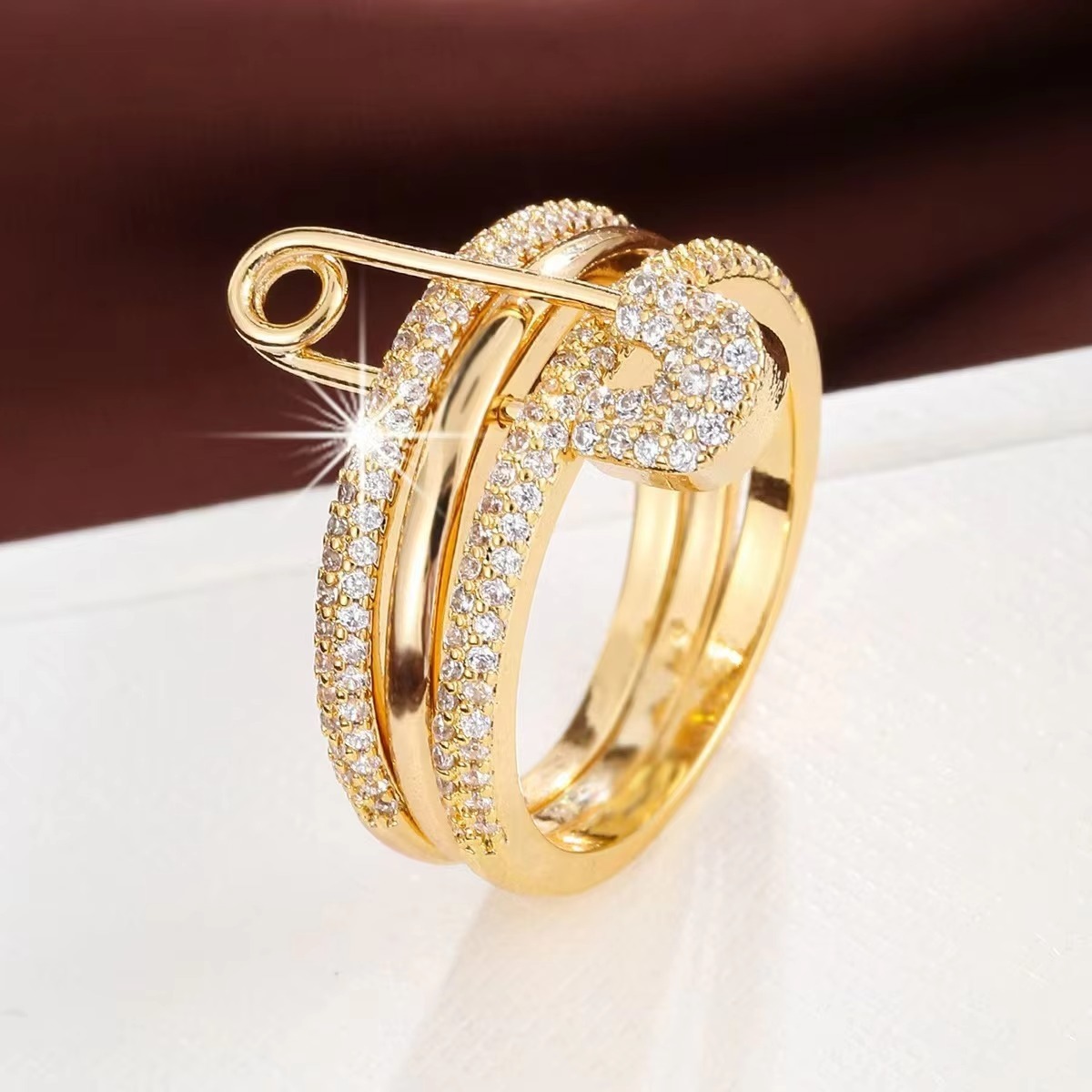 Safety Pin Stacking Ring | 18K Gold / Silver / Tri-Color Pavé Statement Ring