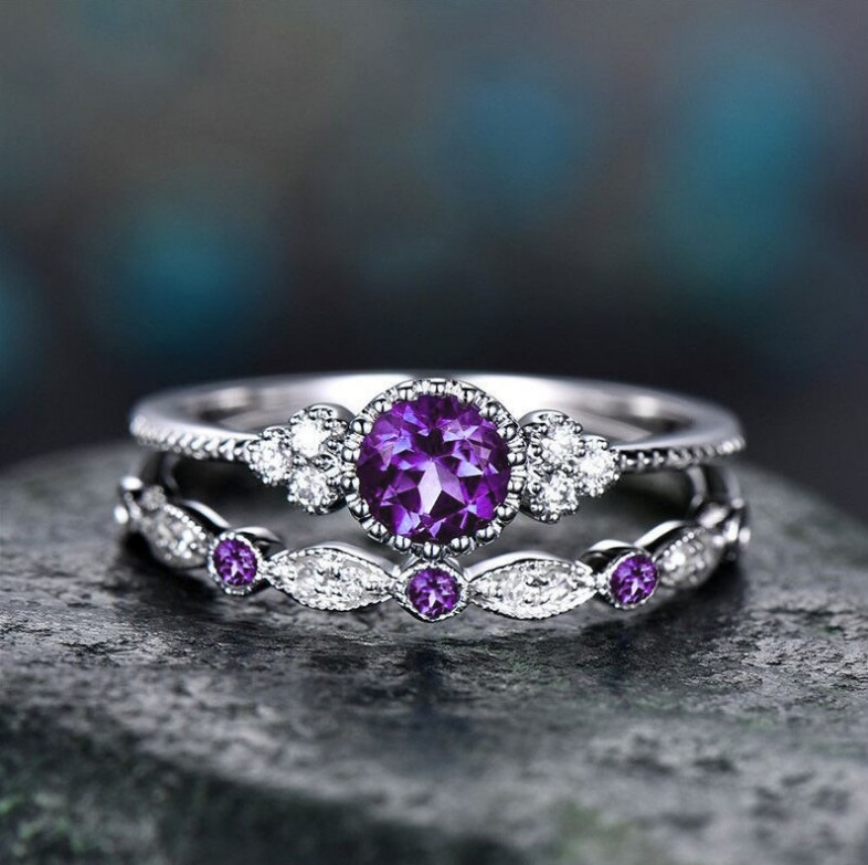 “Eternal Heart” Round Gemstone Ring Set | Stackable Double Ring Design with Halo Setting