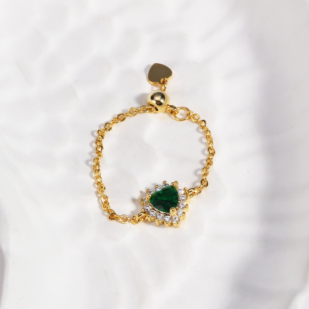 Multi-Color Heart-Shaped Gemstone Chain Adjustable Ring