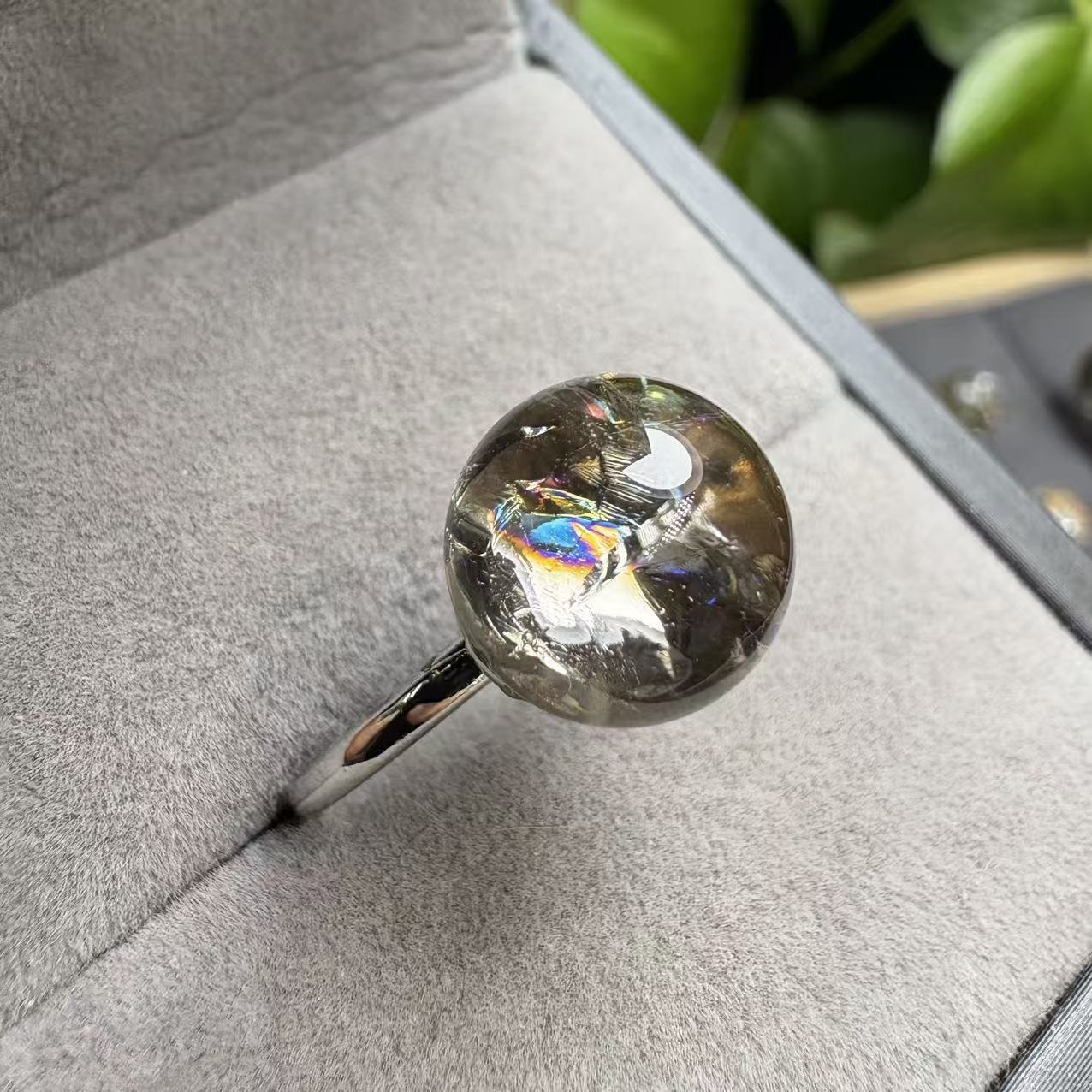 Sterling Silver Natural Rainbow Clear Quartz Sphere Ring 