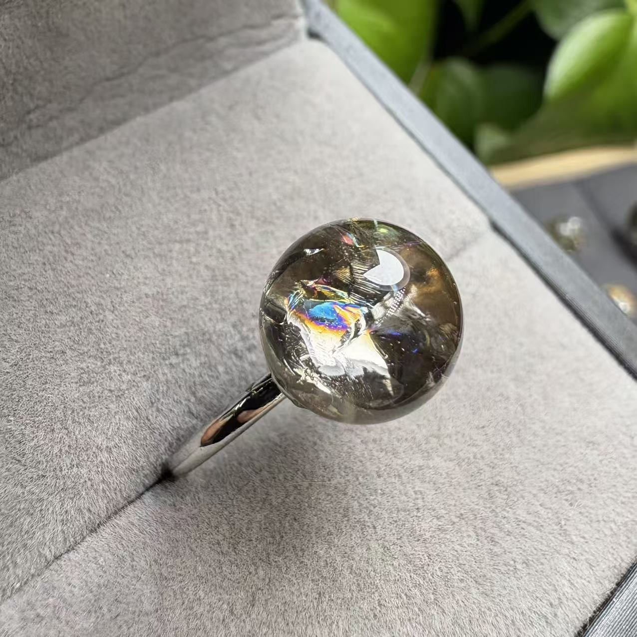 Sterling Silver Natural Rainbow Clear Quartz Sphere Ring
