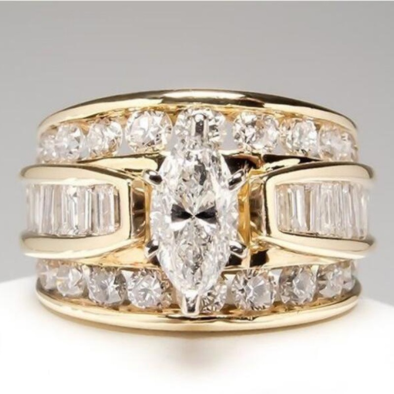 18K Gold Light Luxury High-End Three-Color Marquise Main Diamond Full-Circle Diamond Ring
