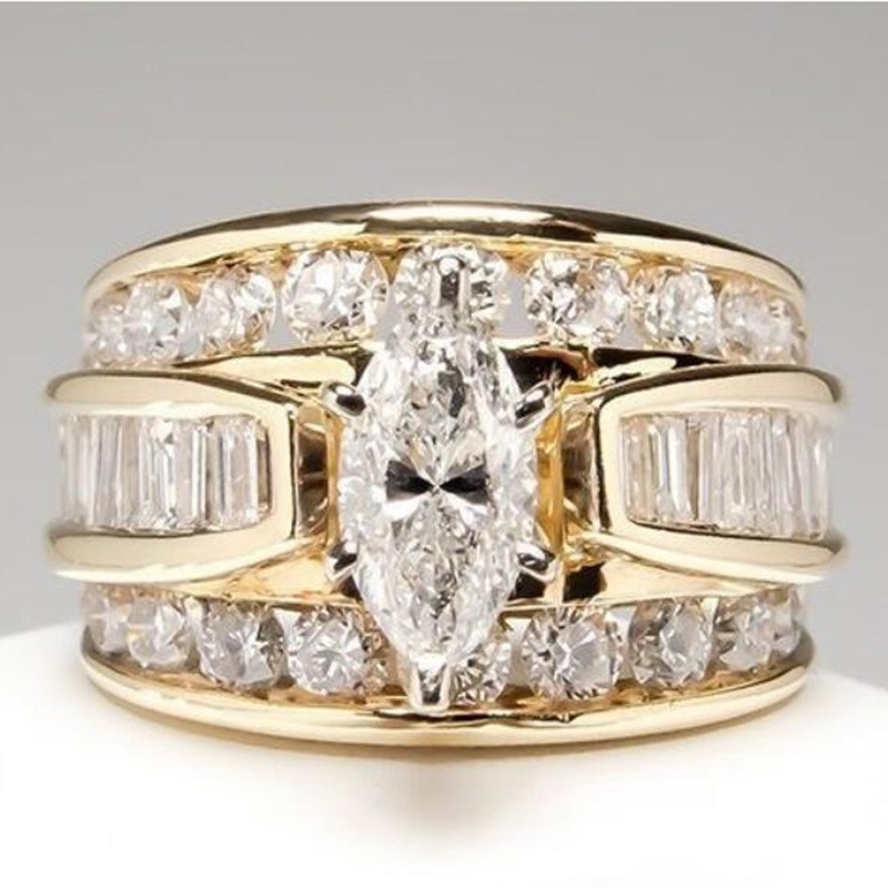 18K Gold Light Luxury High-End Three-Color Marquise Main Diamond Full-Circle Diamond Ring