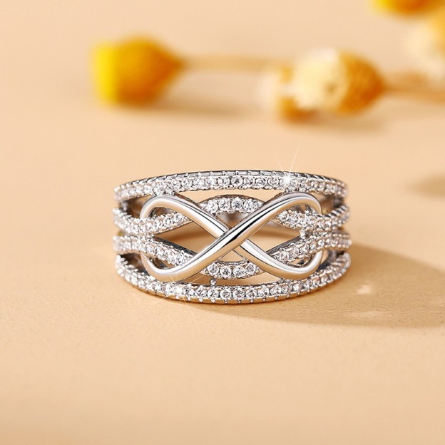  Multi-Color Infinity Symbol Diamond-Encrusted Ring - Gold/Silver Two-Color Women's Light Luxury Eternal Love Accessory