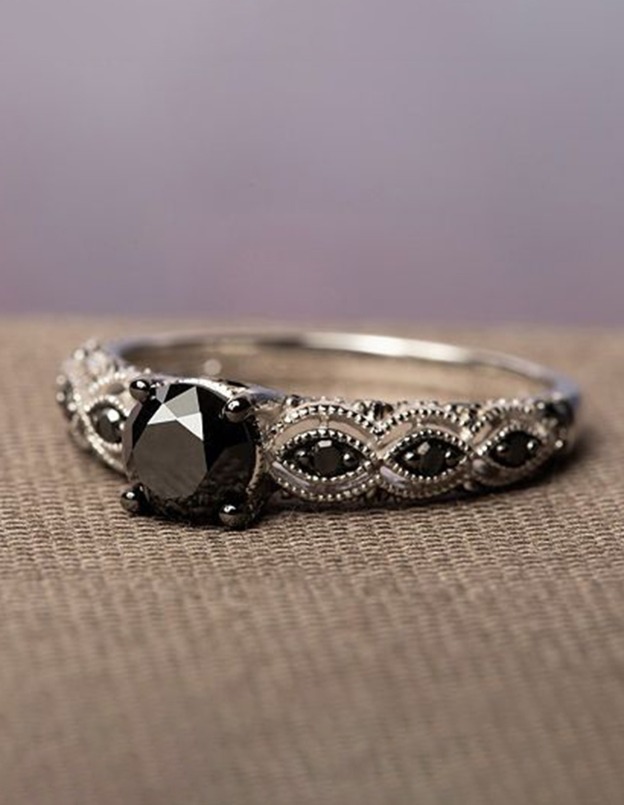 S925 Sterling Silver Vintage Milgrain Evil Eye Black CZ Ring