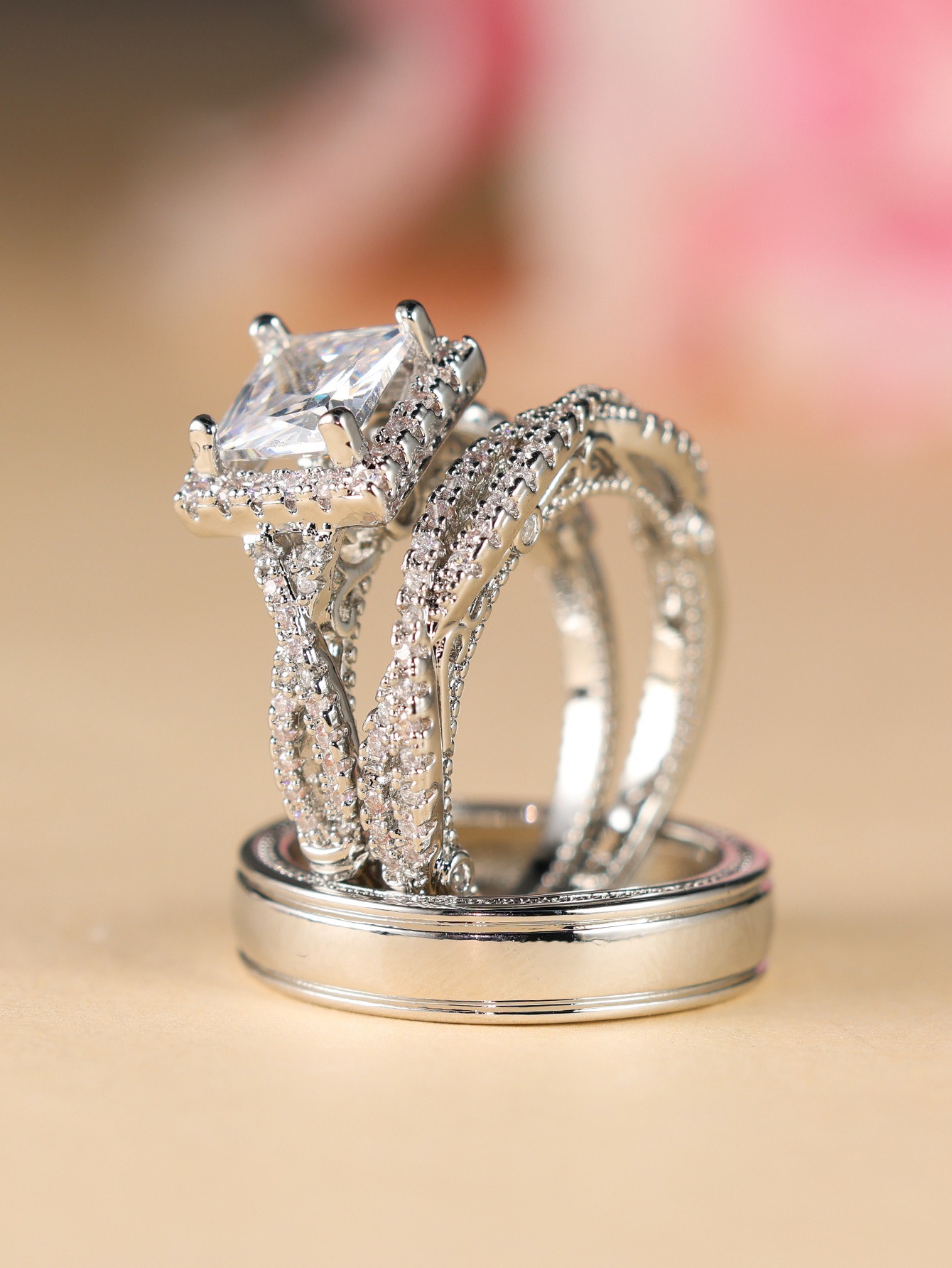 Eternal Square Diamond S925 Sterling Silver 4-Color Couple Ring Set A Promise of Unity at Your Fingertips