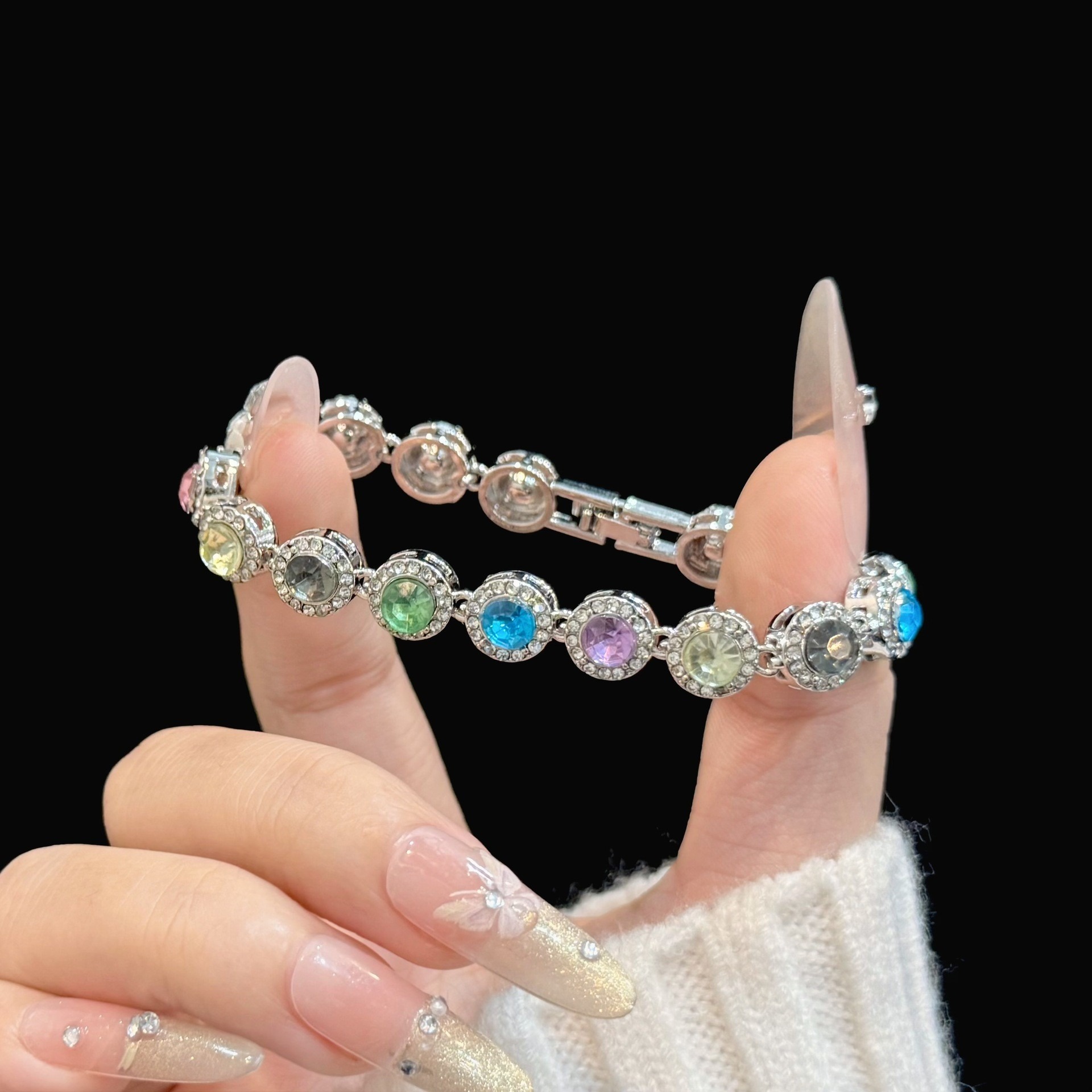 S925 Sterling Silver Round Halo Colored Stone Tennis Bracelet
