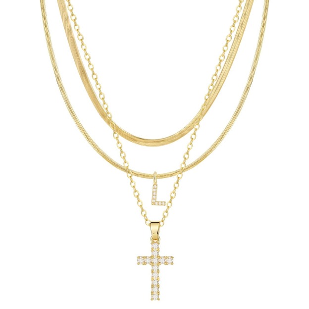  26 Letters Optional Multi-Layer Cross Necklace - Gold Diamond-Encrusted Layered Choker