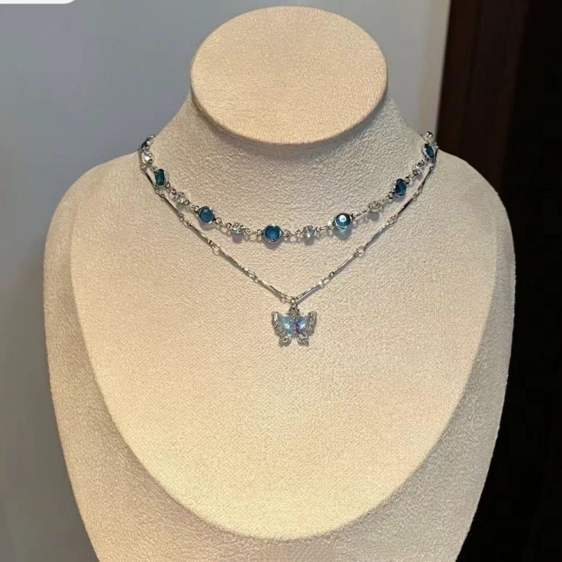  S925 Sterling Silver Double Layer Blue Zircon Butterfly Layering Necklace
