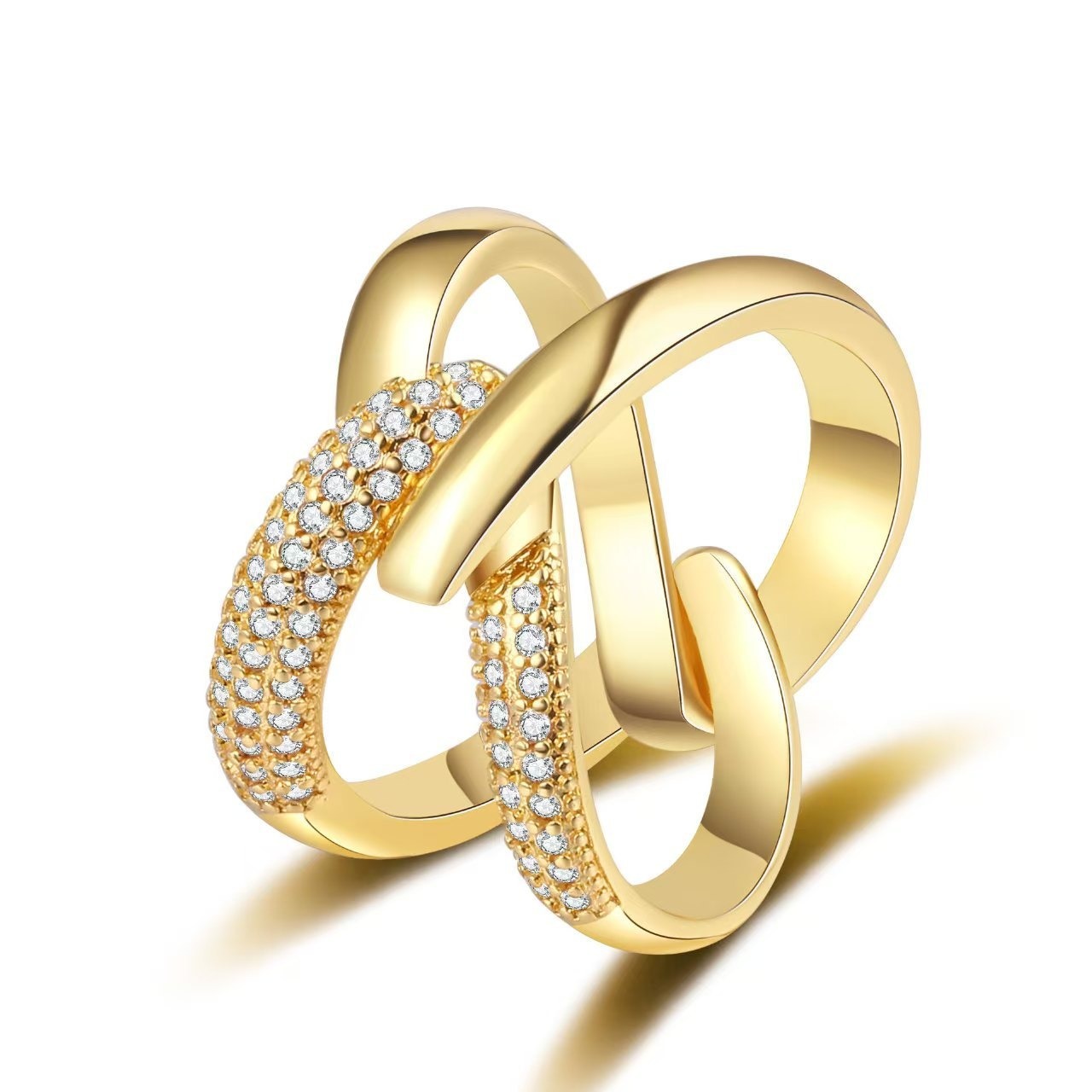 Intertwined Starburst Sterling Silver Diamond Double-Band Ring｜Two-Tone Texture for Daily Elegance