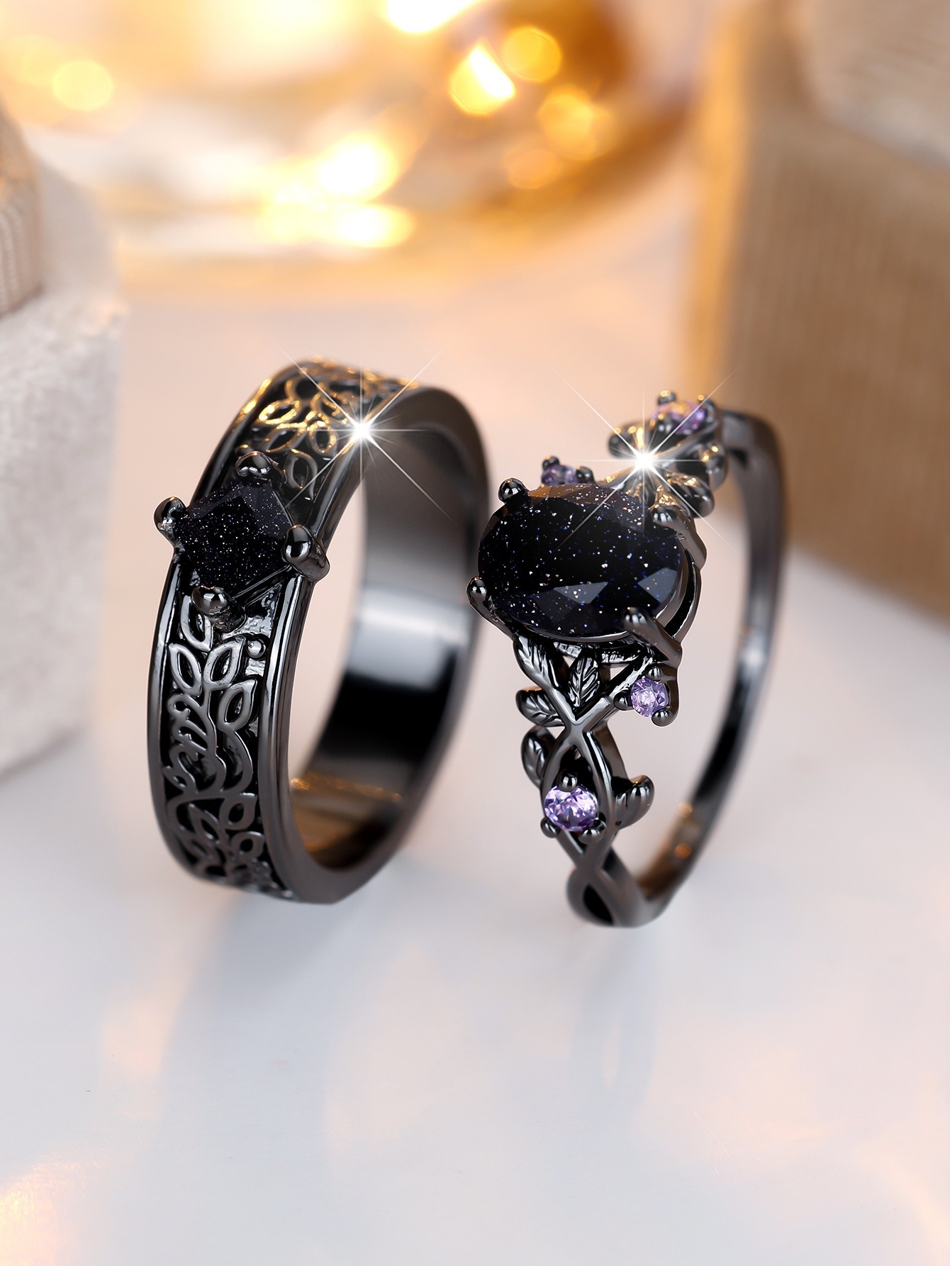 Opal Dreamscape Black-Plated Opal/Stardust Couple Ring Set