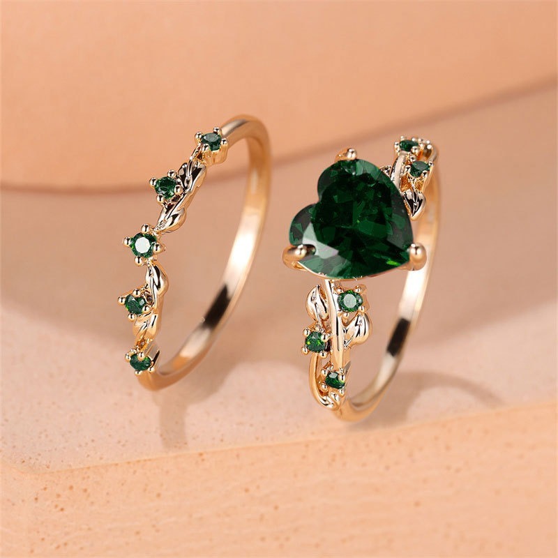 Multi-Color Heart Gemstone Vine Ring Set - Women's Light Luxury Romantic Diamond-Encrusted Accessory