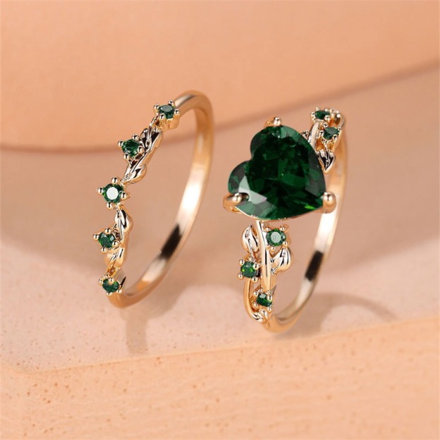 Multi-Color Heart Gemstone Vine Ring Set - Women's Light Luxury Romantic Diamond-Encrusted Accessory