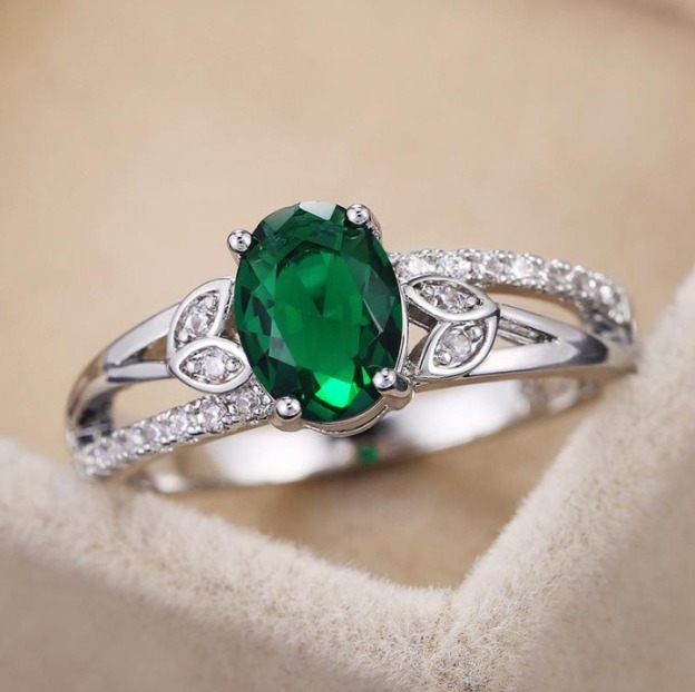 Vintage Leaf Oval Gemstone Double Band Ring