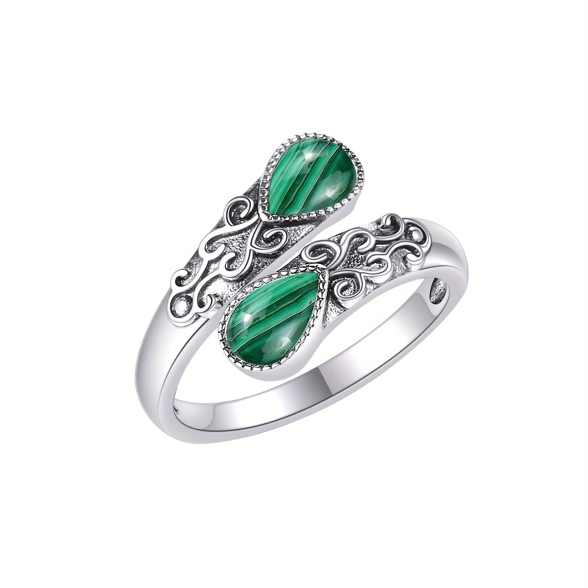 S925 Sterling Silver Vintage Scrollwork Dual-Stone Open Ring