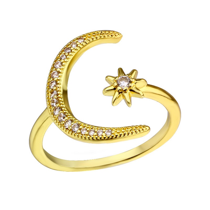 Tri-Color Moon & Star Double-Band Diamond-Paved Ring - S925 Silver Light Luxury Space-Style Open Band