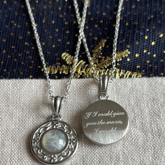 S925 Silver Plated 18K Gold Light Luxury Couple Dual-Color Moonstone Engraved Disk Necklace