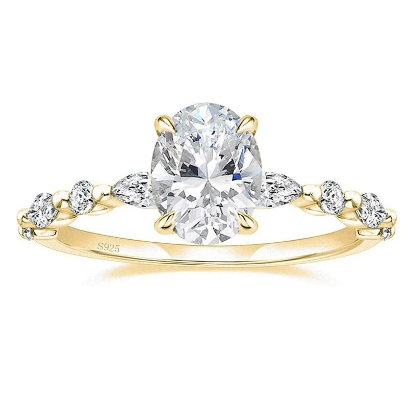 S925 Silver Oval Diamond Light Luxury Ring - Pear-Cut Accent Diamond Band Niche Band