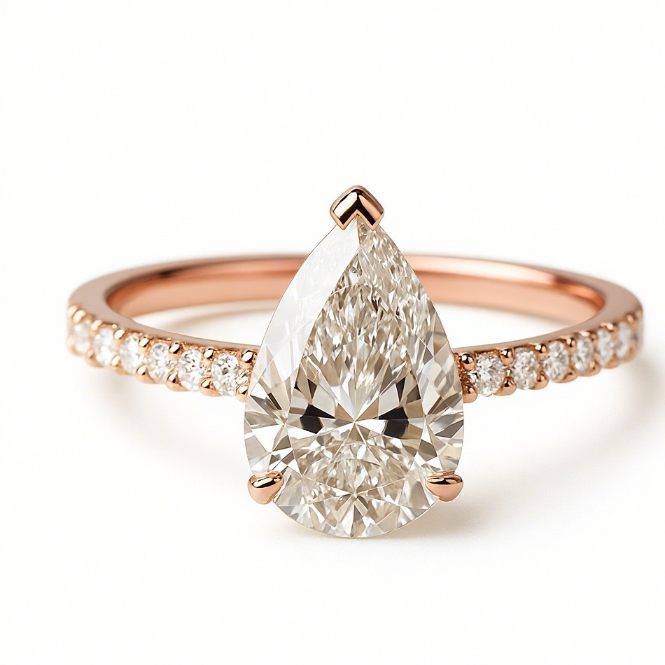 18K Gold/White Gold/Rose Gold Pear Main Diamond Full Accent Diamond Ring
