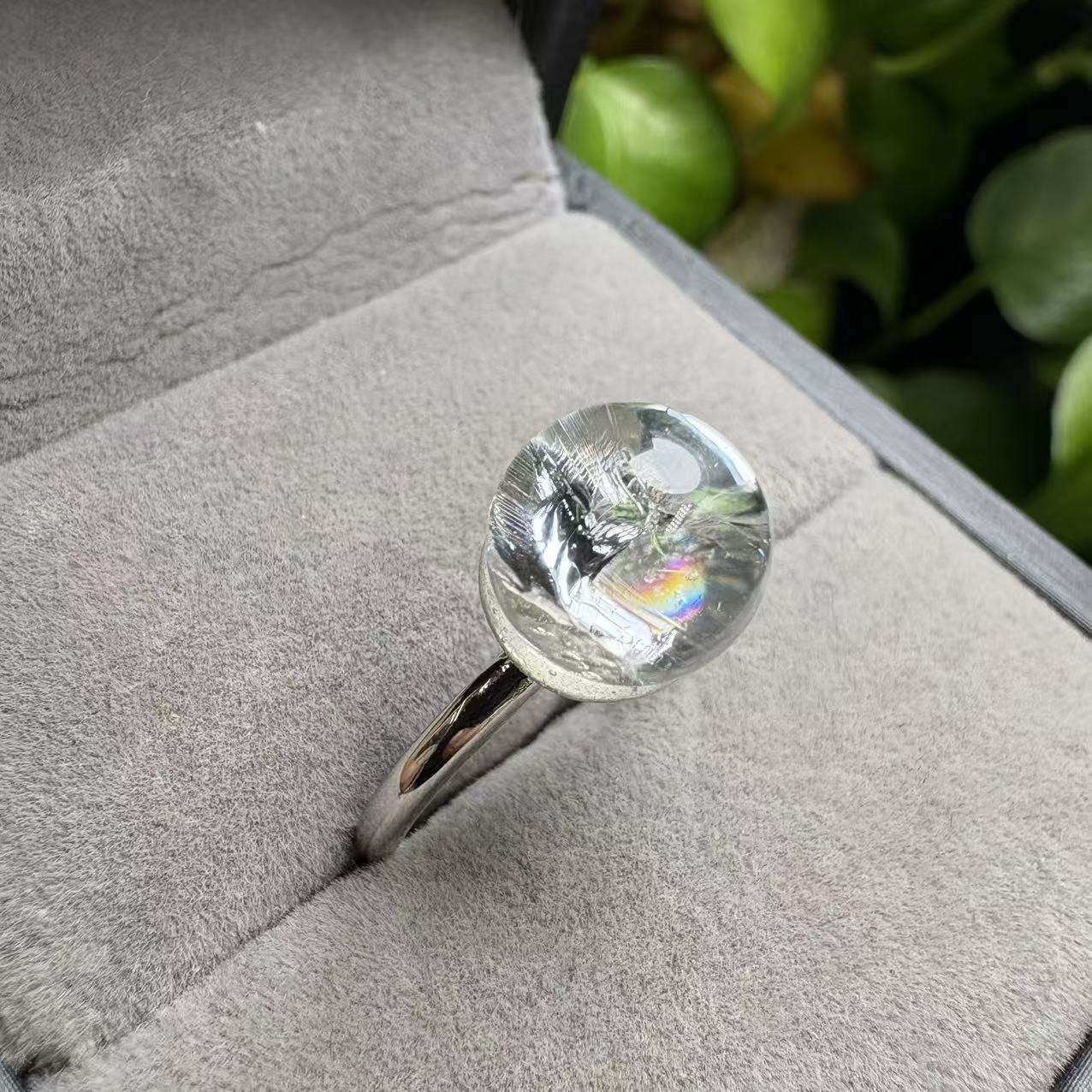 Sterling Silver Natural Rainbow Clear Quartz Sphere Ring 