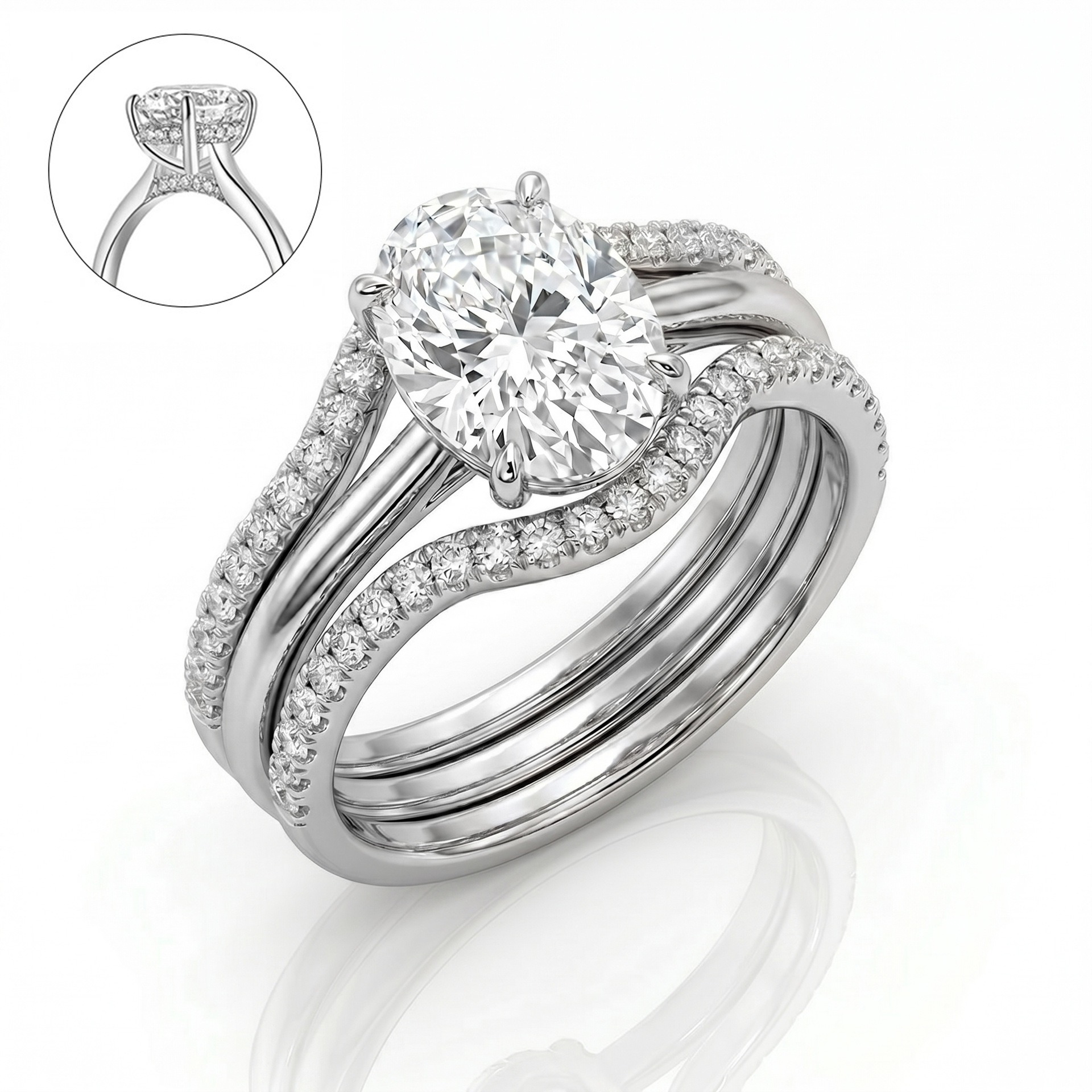 18K Gold White Gold Plated Pavé Oval Solitaire Ring