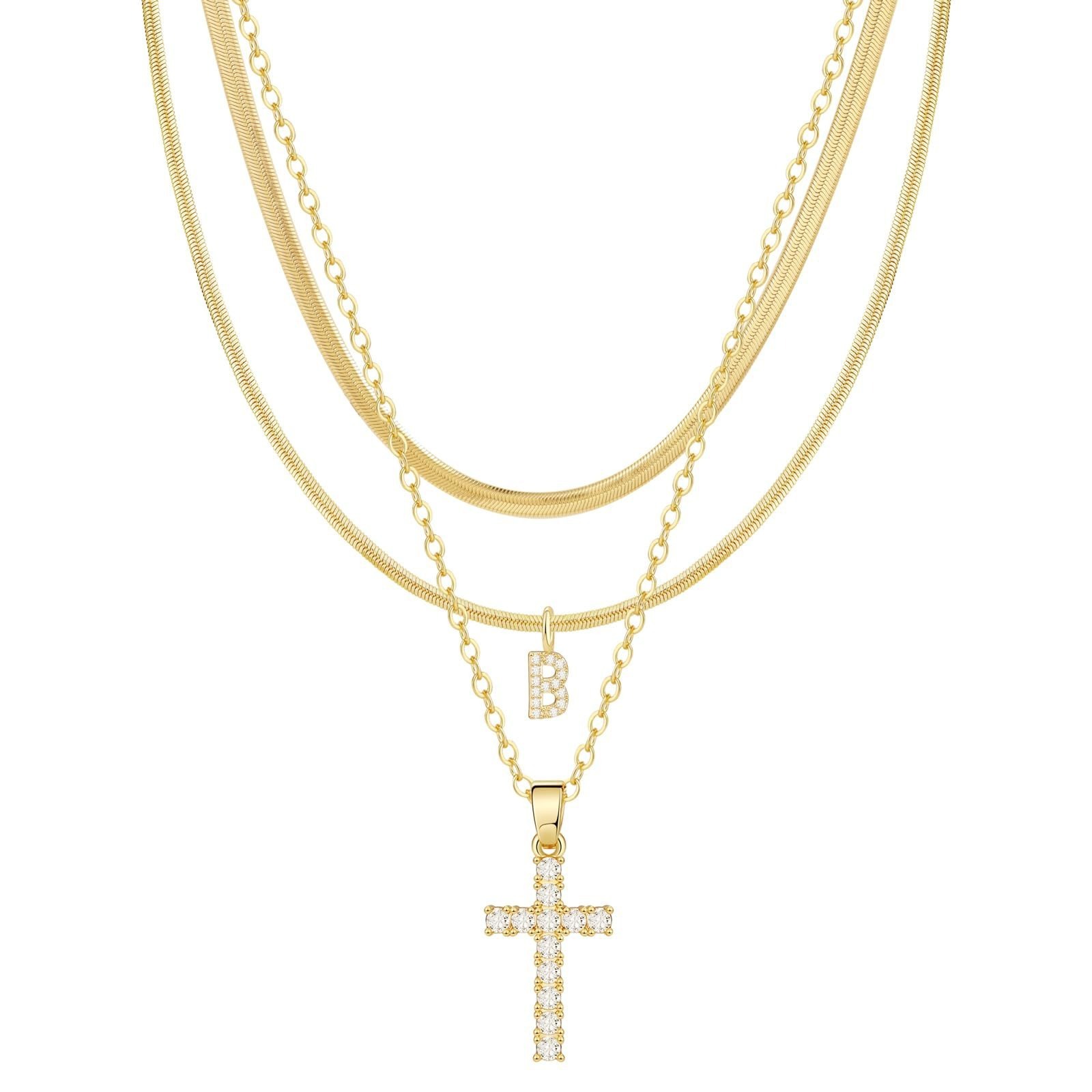  26 Letters Optional Multi-Layer Cross Necklace - Gold Diamond-Encrusted Layered Choker