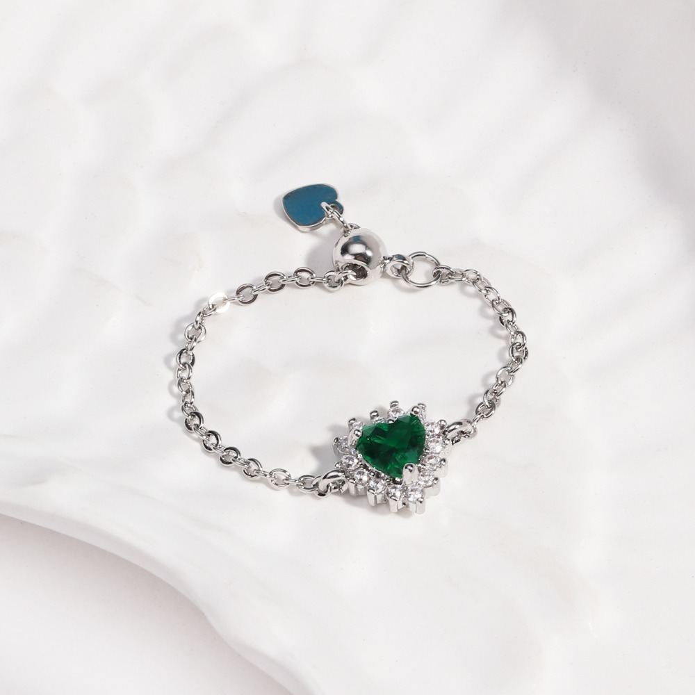 Multi-Color Heart-Shaped Gemstone Chain Adjustable Ring