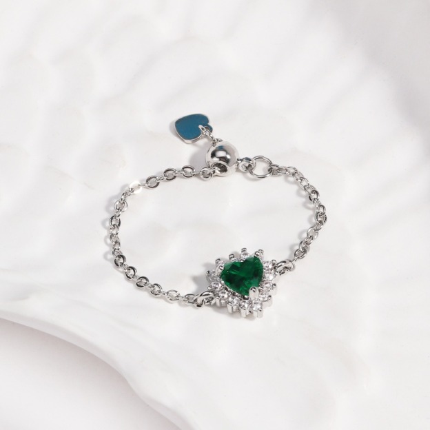 Multi-Color Heart-Shaped Gemstone Chain Adjustable Ring