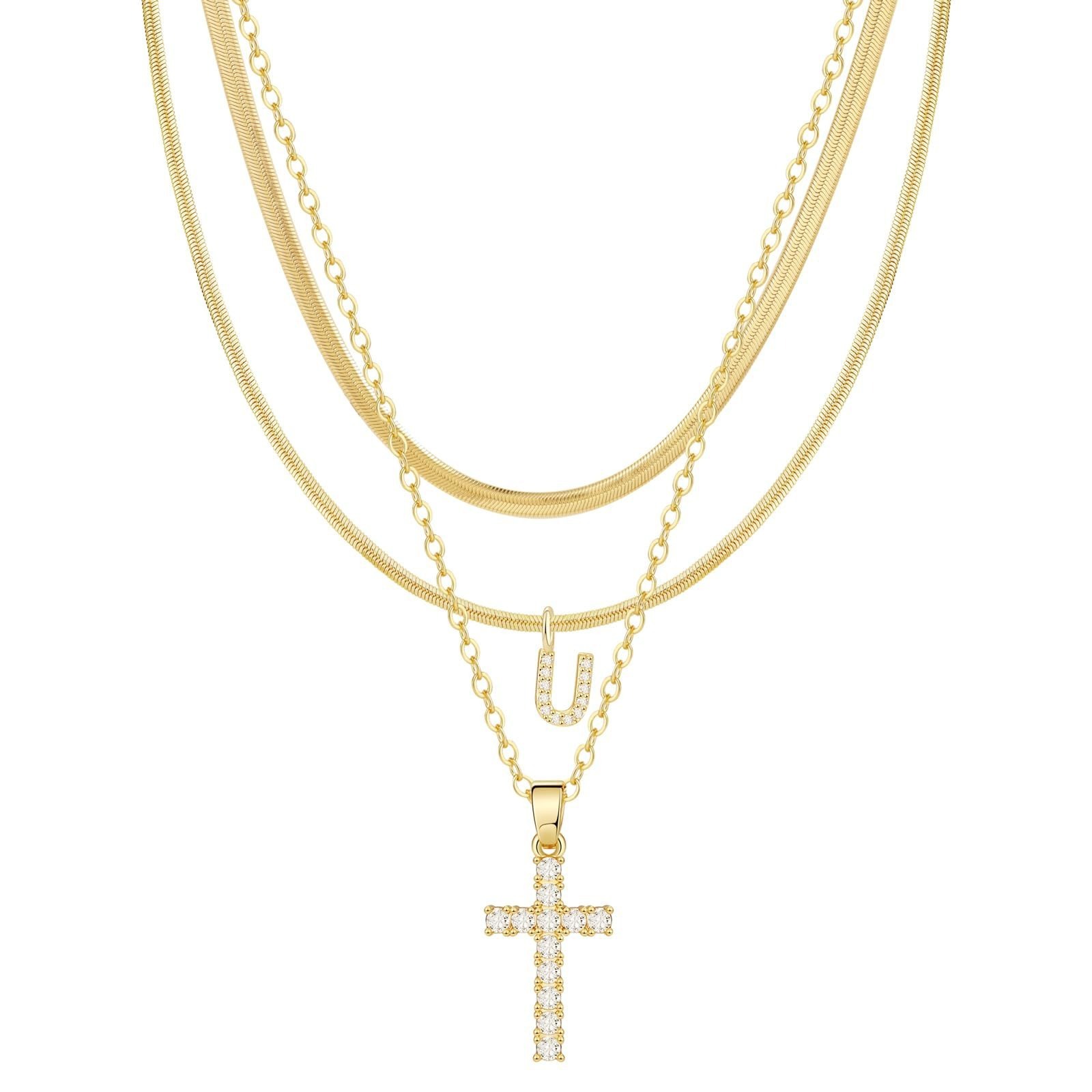  26 Letters Optional Multi-Layer Cross Necklace - Gold Diamond-Encrusted Layered Choker