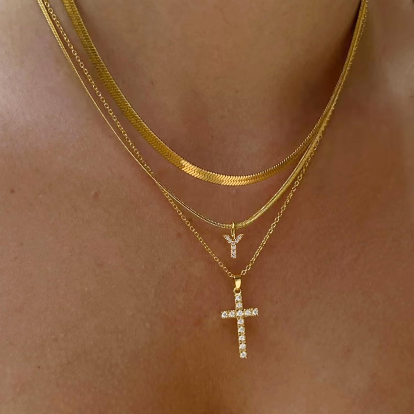  26 Letters Optional Multi-Layer Cross Necklace - Gold Diamond-Encrusted Layered Choker