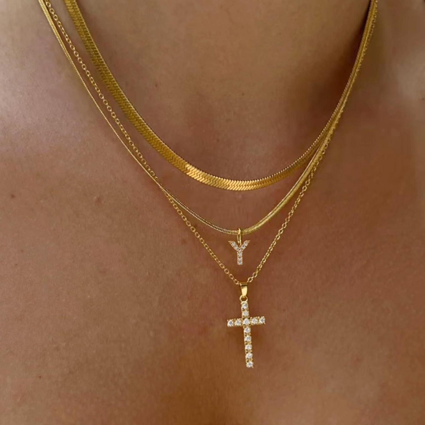  26 Letters Optional Multi-Layer Cross Necklace - Gold Diamond-Encrusted Layered Choker