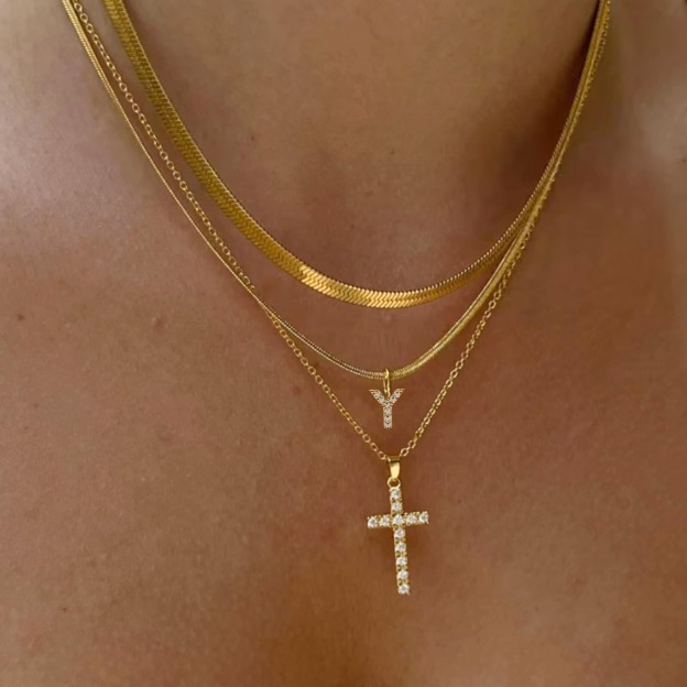  26 Letters Optional Multi-Layer Cross Necklace - Gold Diamond-Encrusted Layered Choker