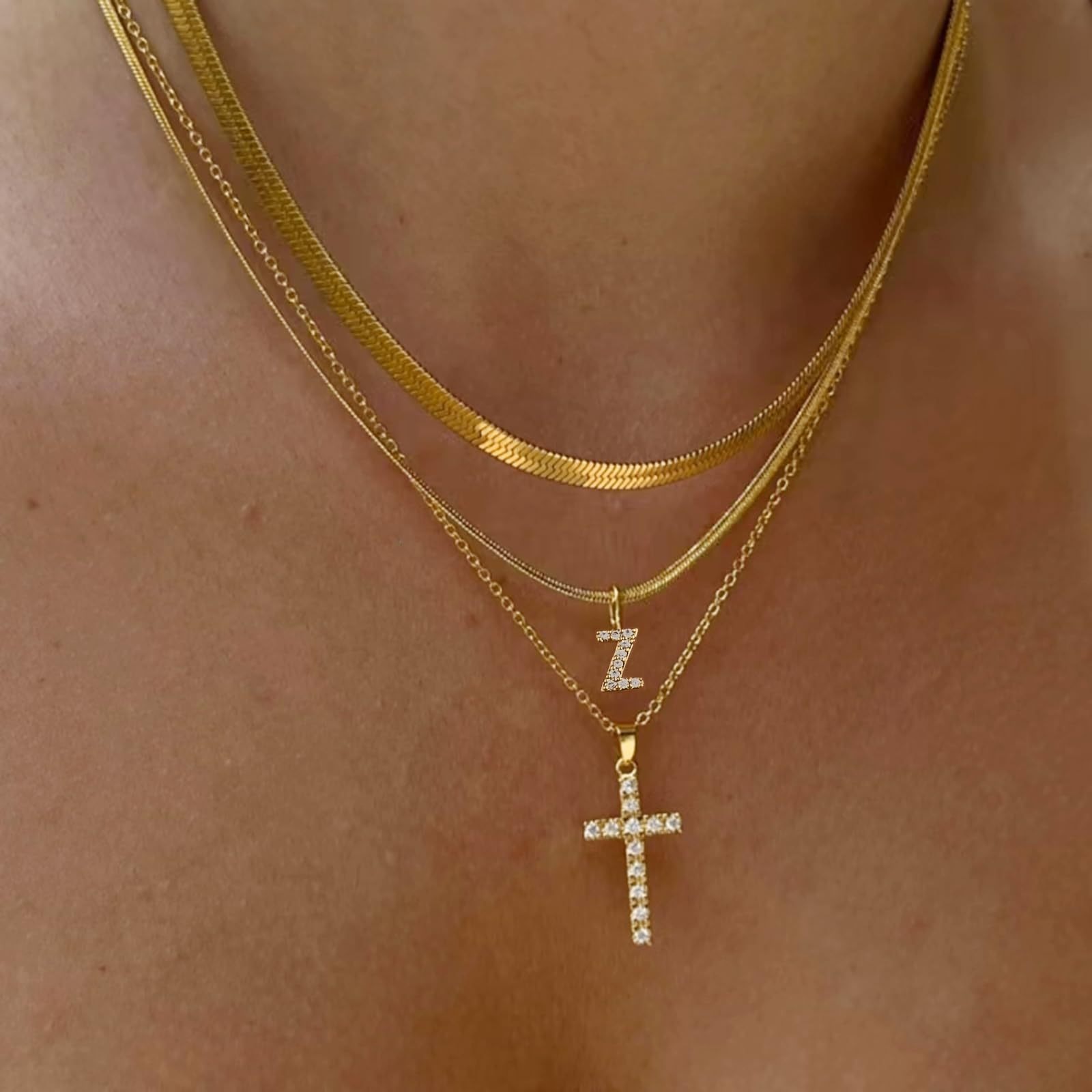  26 Letters Optional Multi-Layer Cross Necklace - Gold Diamond-Encrusted Layered Choker