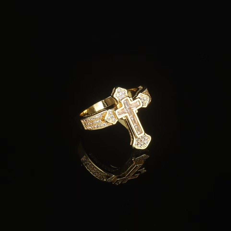 Sacred Radiance Cross 14K Gold Full Crystal Protection Ring