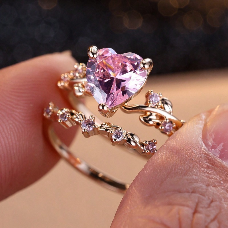 Multi-Color Heart Gemstone Vine Ring Set - Women's Light Luxury Romantic Diamond-Encrusted Accessory