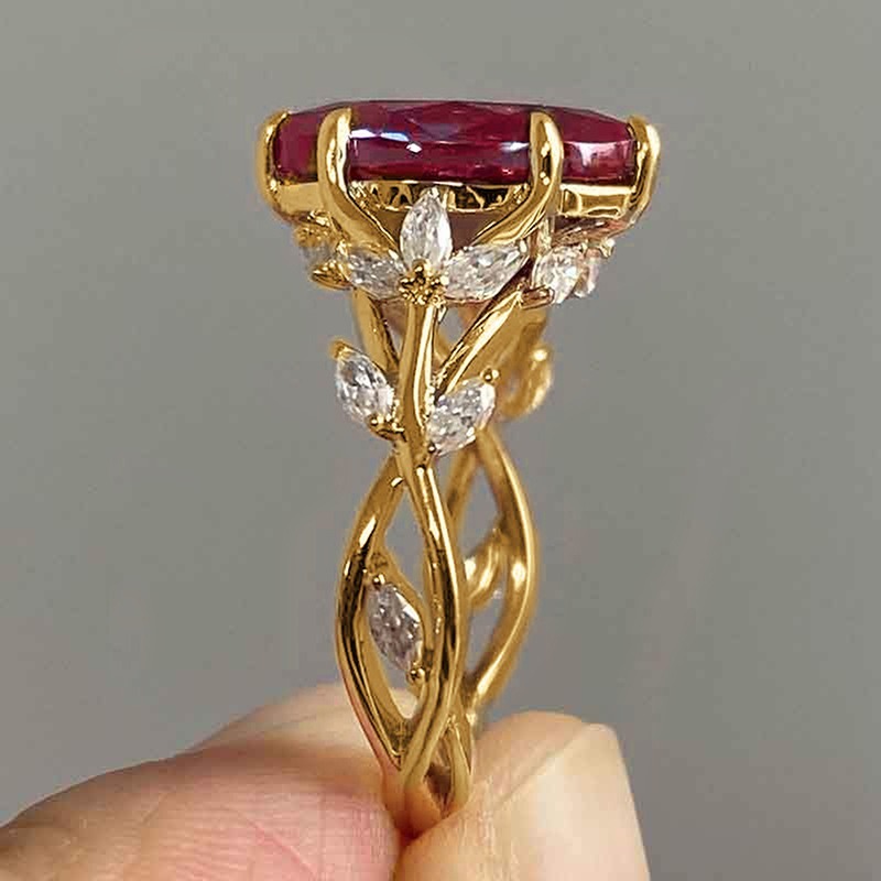 Blossoming Vine 18K Gold Oval Gemstone Vine & Flower Ring
