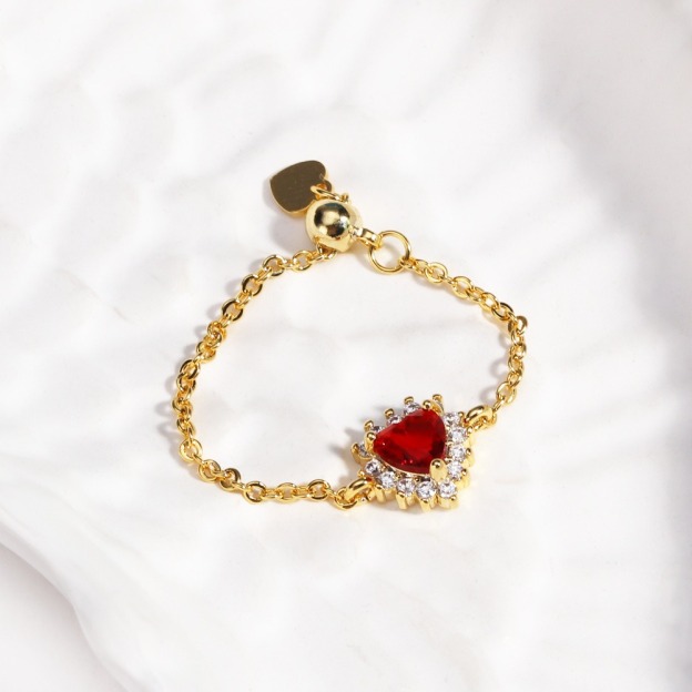 Multi-Color Heart-Shaped Gemstone Chain Adjustable Ring