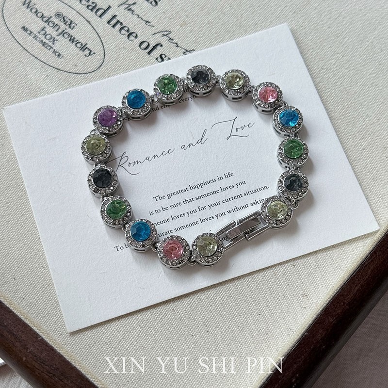 S925 Sterling Silver Round Halo Colored Stone Tennis Bracelet