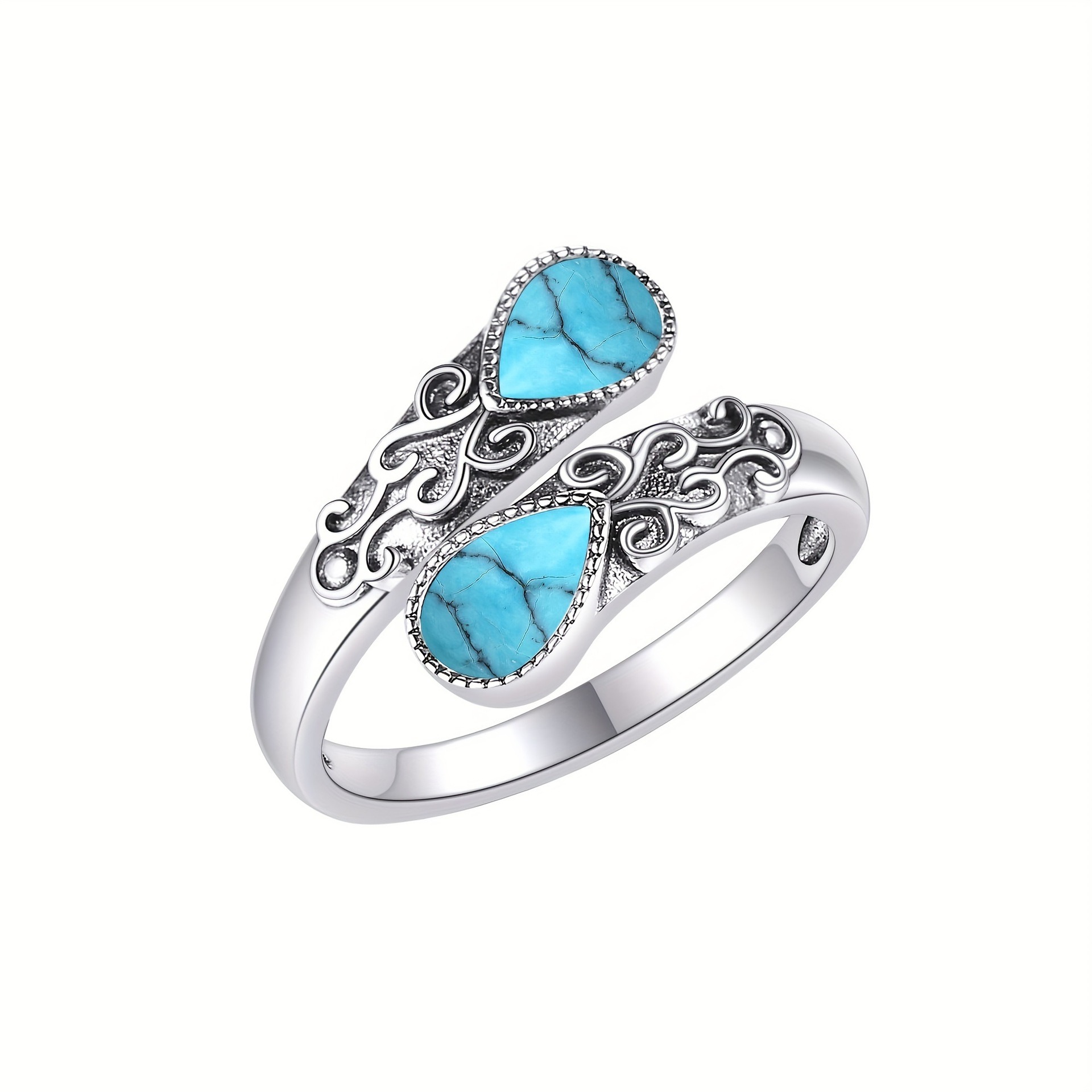 S925 Sterling Silver Vintage Scrollwork Dual-Stone Open Ring