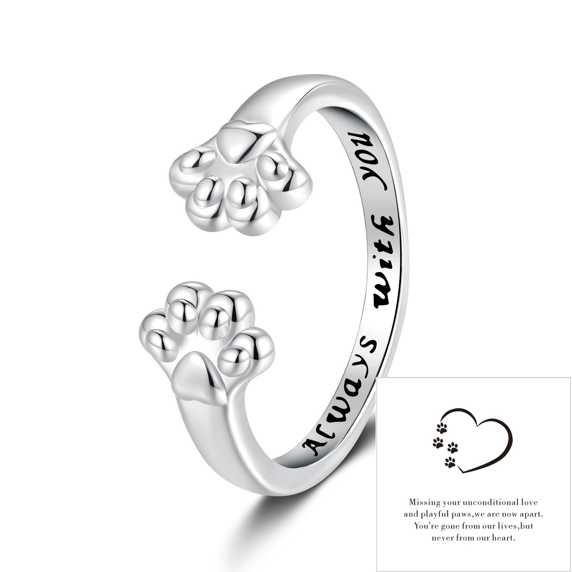 Paw Print Companion S925 Sterling Silver Cat Paw Open Ring